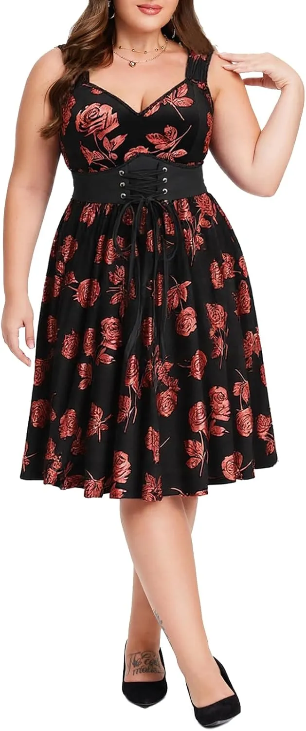Rosegal Women Plus Size Gilding Rose Lace Up Velvet Sleeveless Swing Dress