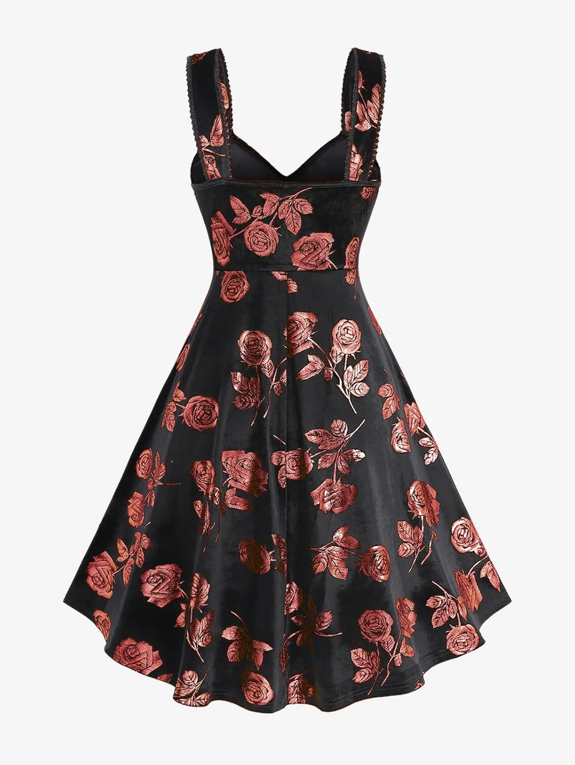 Rosegal Women Plus Size Gilding Rose Lace Up Velvet Sleeveless Swing Dress