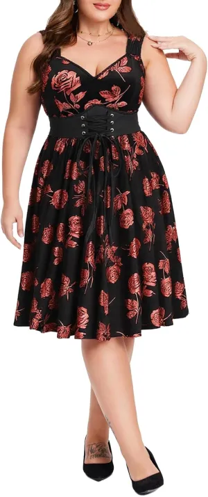 Rosegal Women Plus Size Gilding Rose Lace Up Velvet Sleeveless Swing Dress