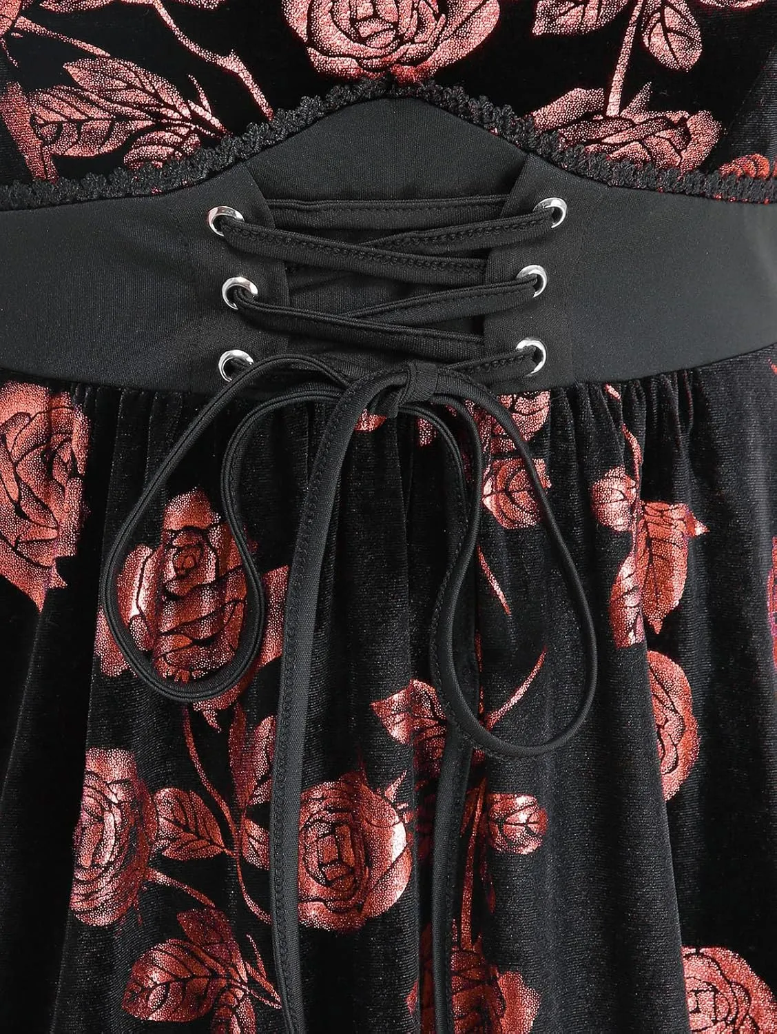 Rosegal Women Plus Size Gilding Rose Lace Up Velvet Sleeveless Swing Dress