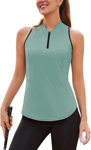 Sleeveless Golf Shirt Racerback Polo Shirts for Women Quarter Zip Quick Dry UPF 50  Tennis Tank Tops with Pocket