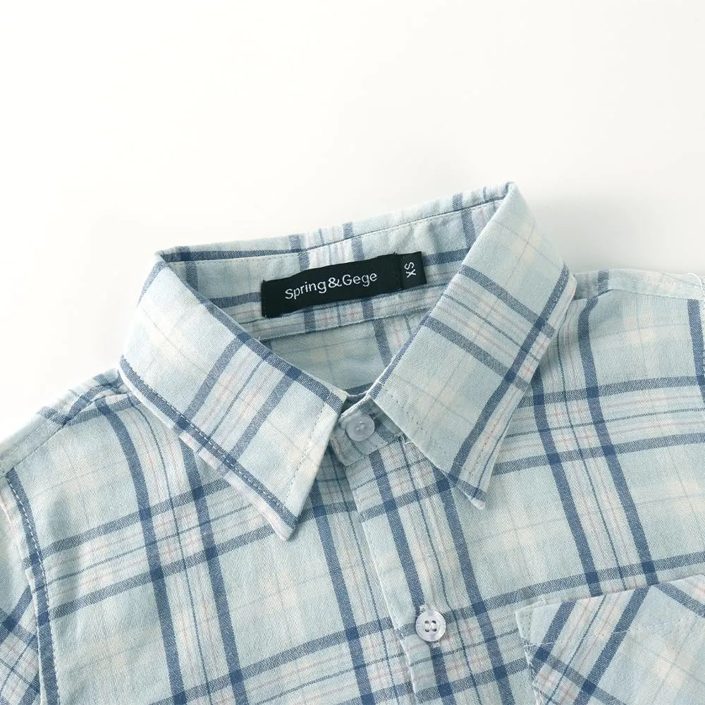 Spring&Gege Boys Plaid Short Sleeve Shirt Casual Button Down Checked with Chest Pocket (5-14 Years)