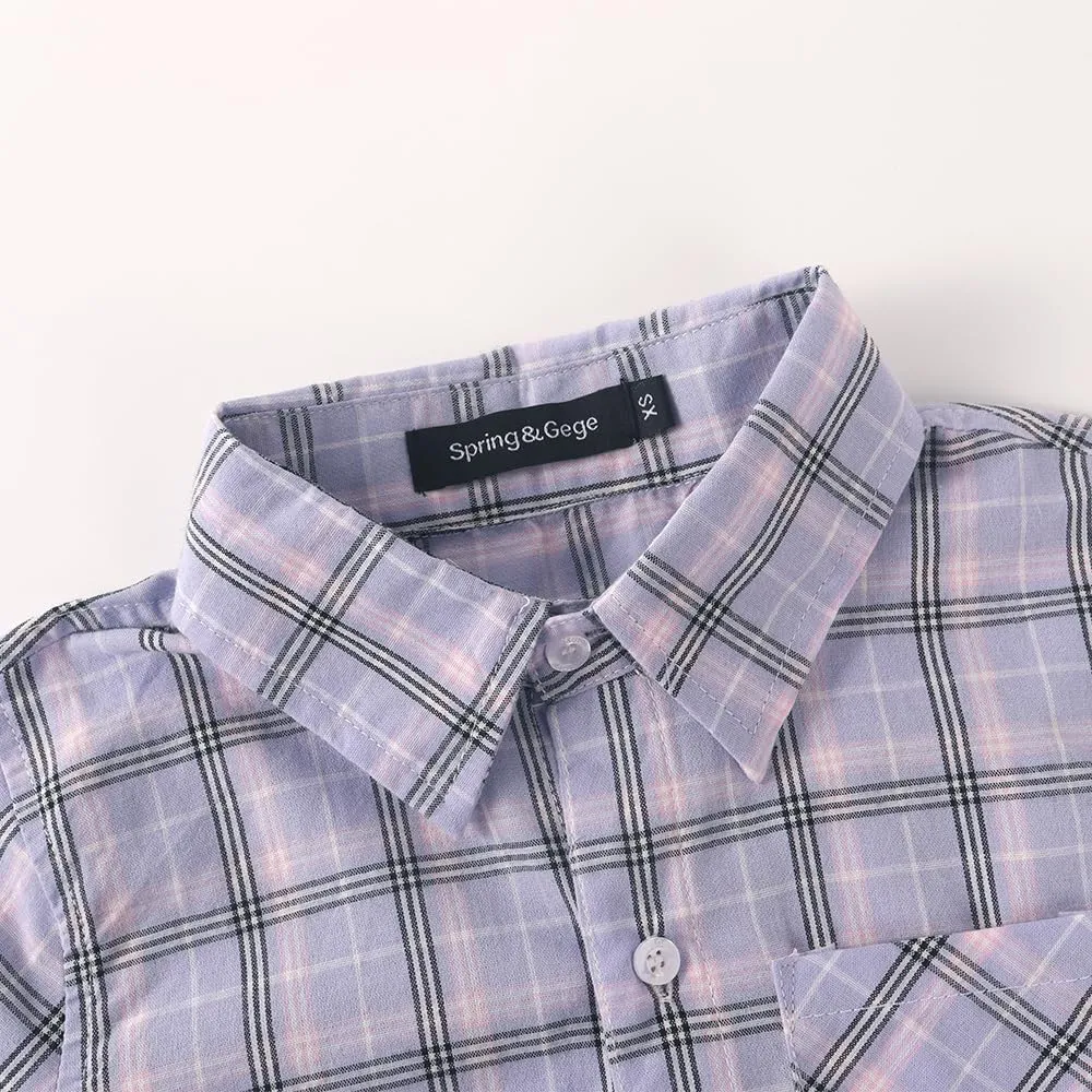 Spring&Gege Boys Plaid Short Sleeve Shirt Casual Button Down Checked with Chest Pocket (5-14 Years)