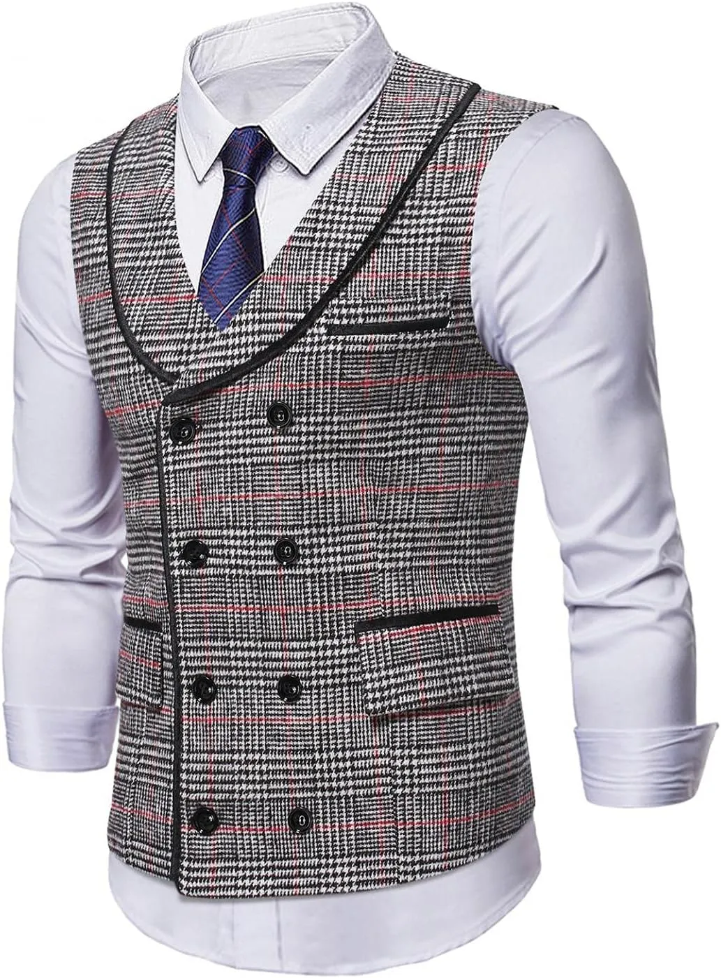 Stoota Mens Casual Suede Vest Jacket, Retro Double-Breasted Suit Vest, Classic Plaid Stripe Lapel Collar Dress Waistcoat