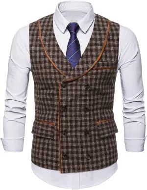 Stoota Mens Casual Suede Vest Jacket, Retro Double-Breasted Suit Vest, Classic Plaid Stripe Lapel Collar Dress Waistcoat