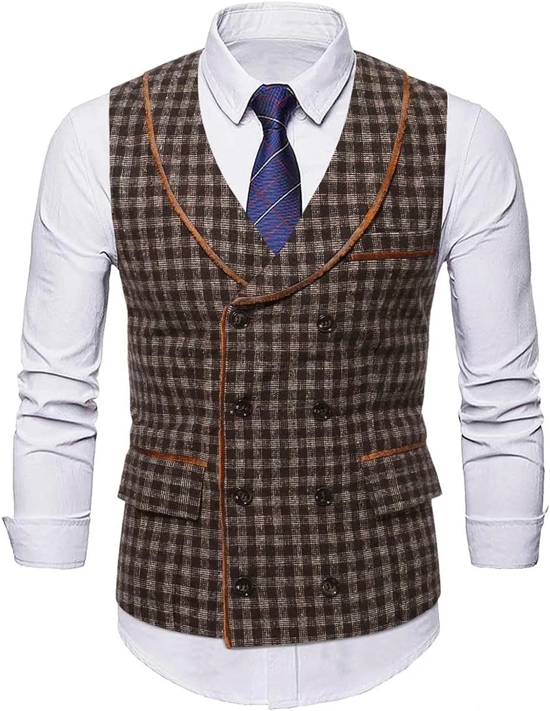 Stoota Mens Casual Suede Vest Jacket, Retro Double-Breasted Suit Vest, Classic Plaid Stripe Lapel Collar Dress Waistcoat