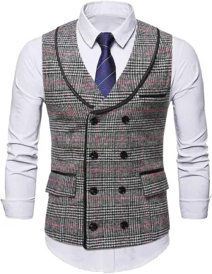 Stoota Mens Casual Suede Vest Jacket, Retro Double-Breasted Suit Vest, Classic Plaid Stripe Lapel Collar Dress Waistcoat