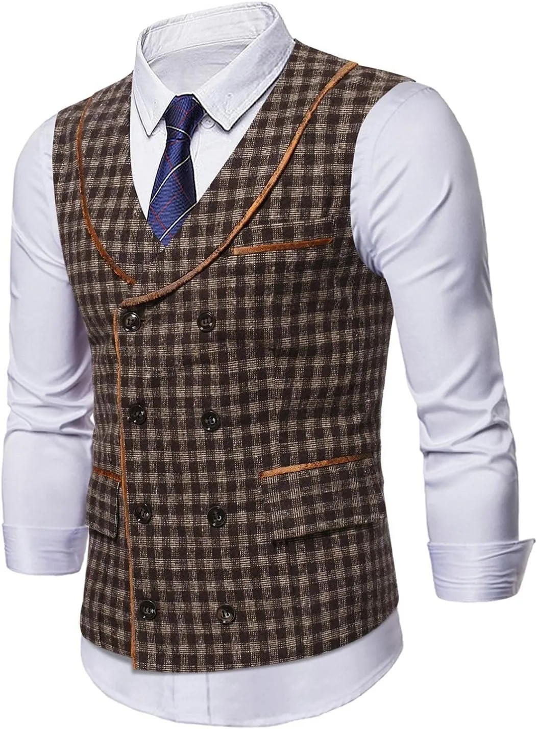 Stoota Mens Casual Suede Vest Jacket, Retro Double-Breasted Suit Vest, Classic Plaid Stripe Lapel Collar Dress Waistcoat