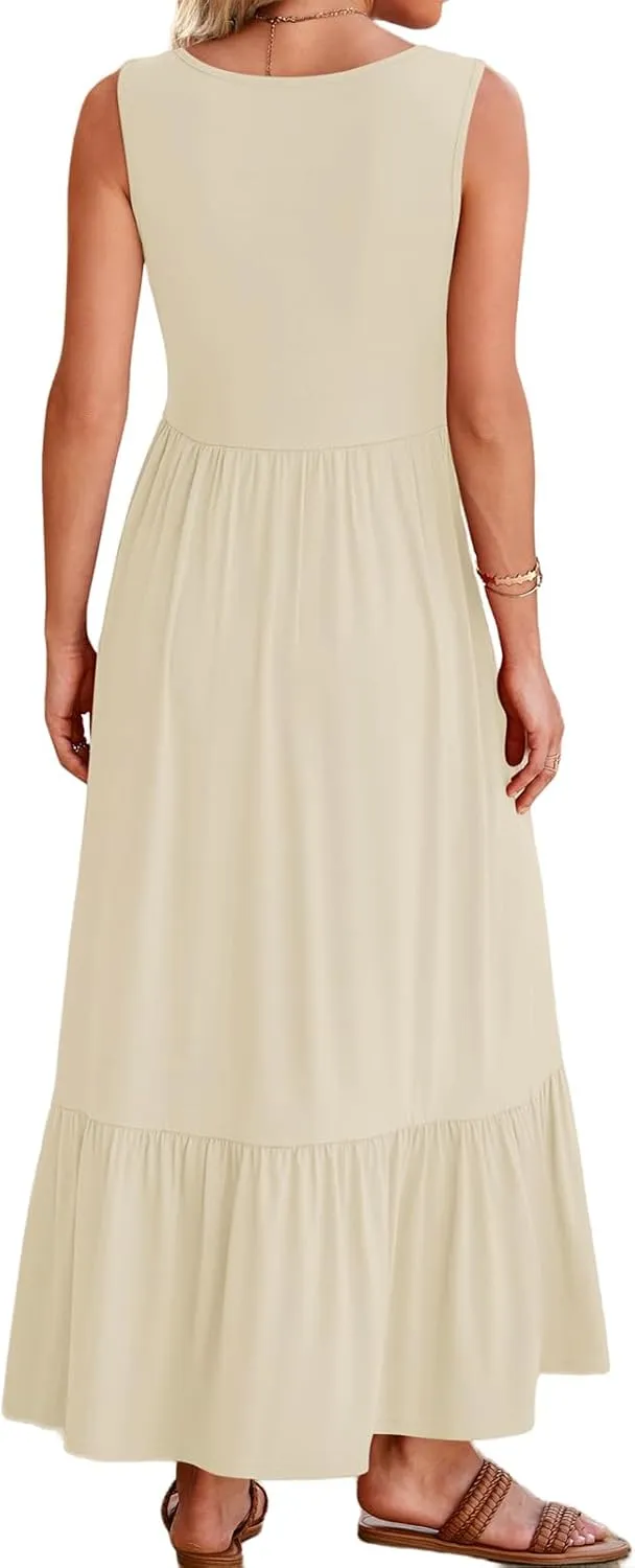 Summer Dresses for Women Sleeveless Long Beach Sundress Square Neck Casual Tiered Long Dress Loose Plain Maxi Sundress