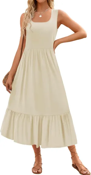 Summer Dresses for Women Sleeveless Long Beach Sundress Square Neck Casual Tiered Long Dress Loose Plain Maxi Sundress