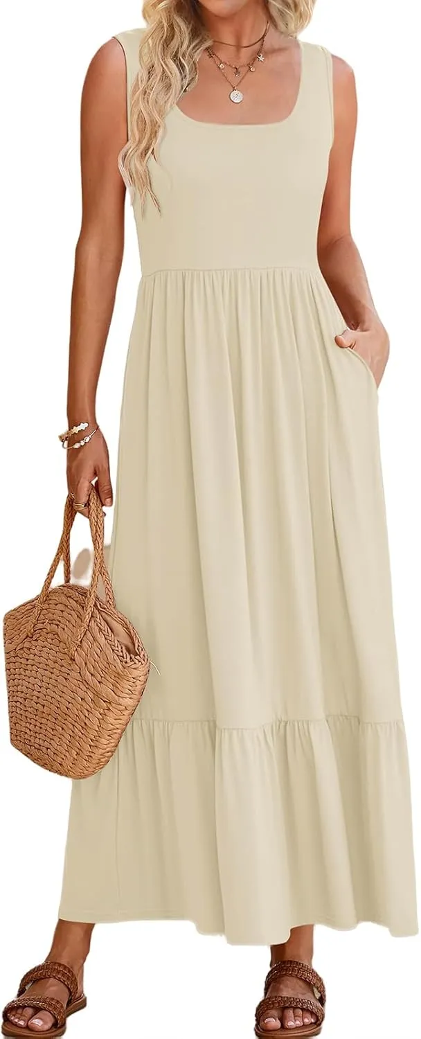 Summer Dresses for Women Sleeveless Long Beach Sundress Square Neck Casual Tiered Long Dress Loose Plain Maxi Sundress