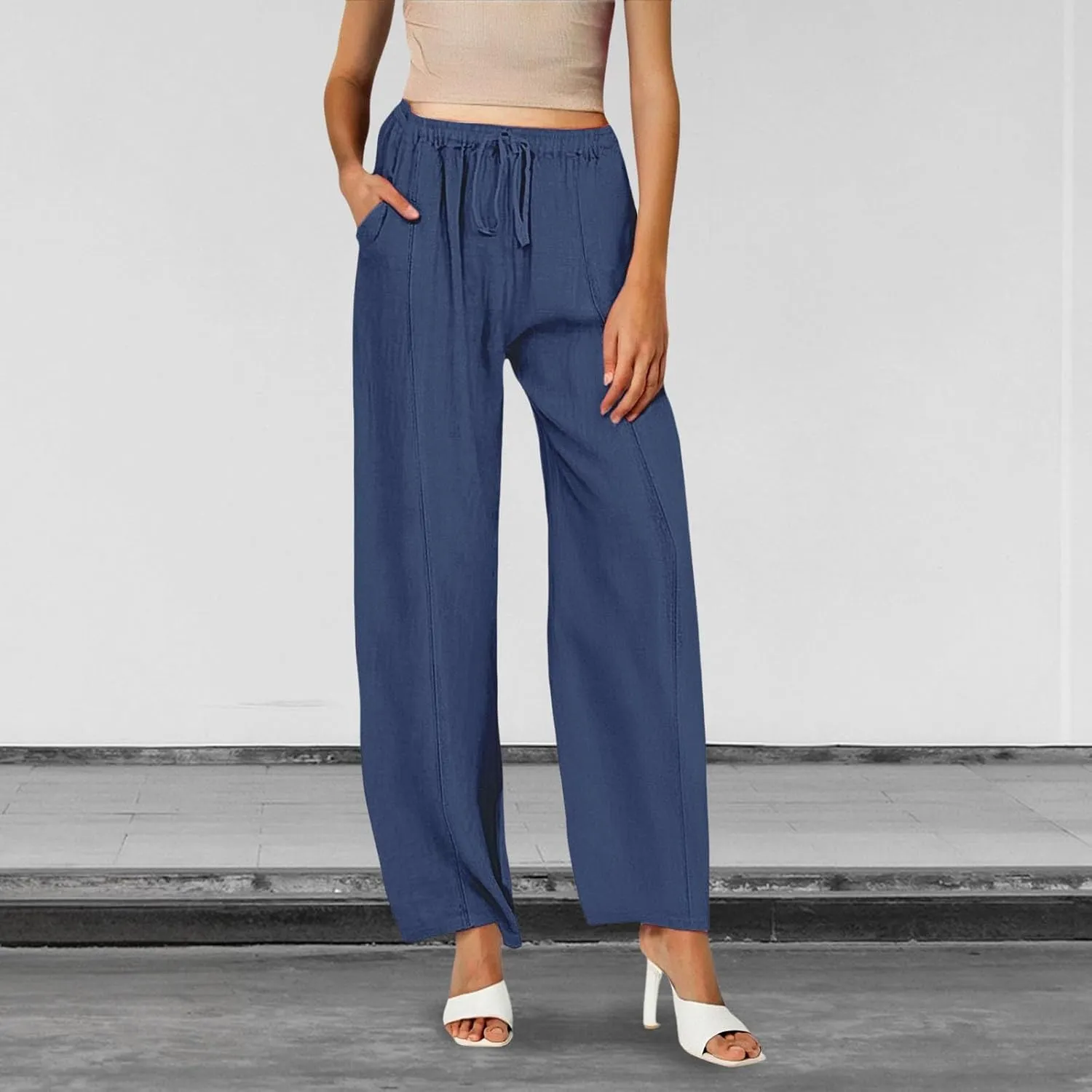 Women Cotton Linen Drawstring Pants Trendy Elastic High Waisted Beach Athletic Sweatpants Work Dressy Casual Trousers