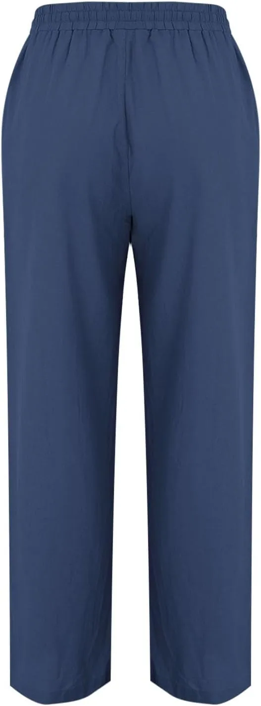 Women Cotton Linen Drawstring Pants Trendy Elastic High Waisted Beach Athletic Sweatpants Work Dressy Casual Trousers