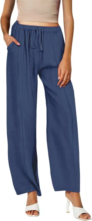 Women Cotton Linen Drawstring Pants Trendy Elastic High Waisted Beach Athletic Sweatpants Work Dressy Casual Trousers