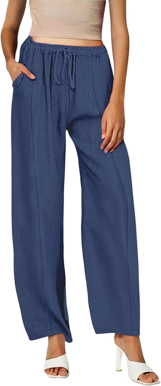 Women Cotton Linen Drawstring Pants Trendy Elastic High Waisted Beach Athletic Sweatpants Work Dressy Casual Trousers