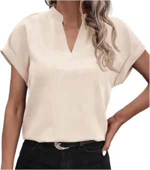 Women Summer Tops V Neck Short Sleeve T Shirts Loose Flowing Tunics Solid Color Casual Shirts Solid Flannel Shirt