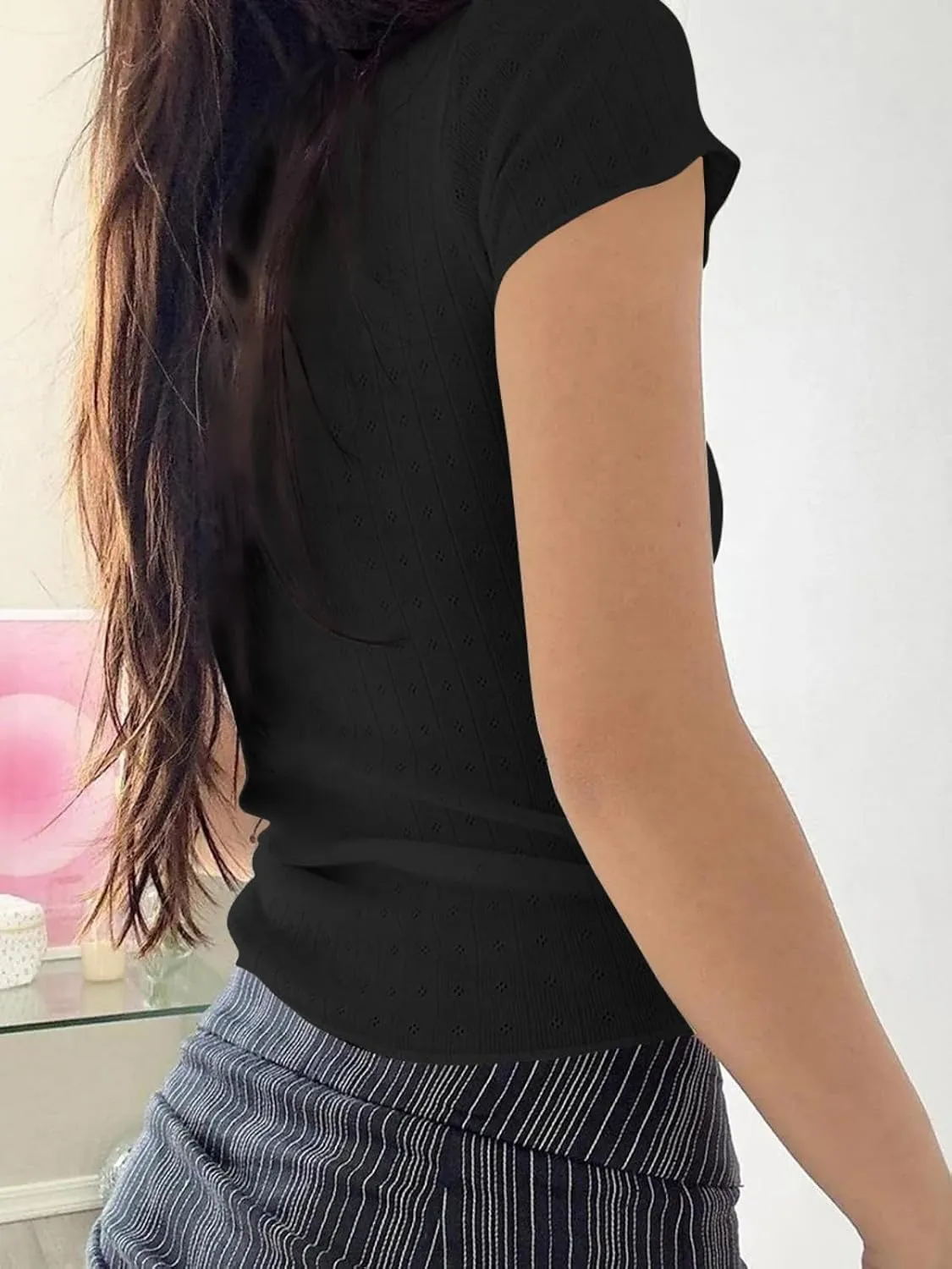 Women Y2K Lace Patchwork Pointelle Knit Short Sleeve Crop Tshirt Sexy Scoop Neck Bow Fitted Aesthetic Tee Tops