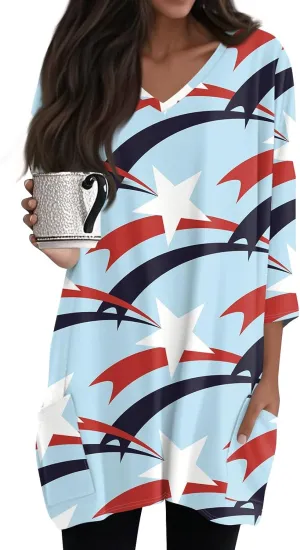 Women's 3/4 Sleeve Blouse Button Outfits V Neck Elegant American Flag Patriotic Comfy 4Th of July Dressy Tunic