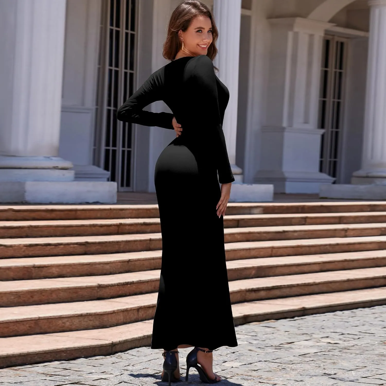 Women's Bodycon Maxi Dress Long Sleeve Ribbed Knit Twist Knot Front Dress Square Neck Elegant Formal Fall Dresses