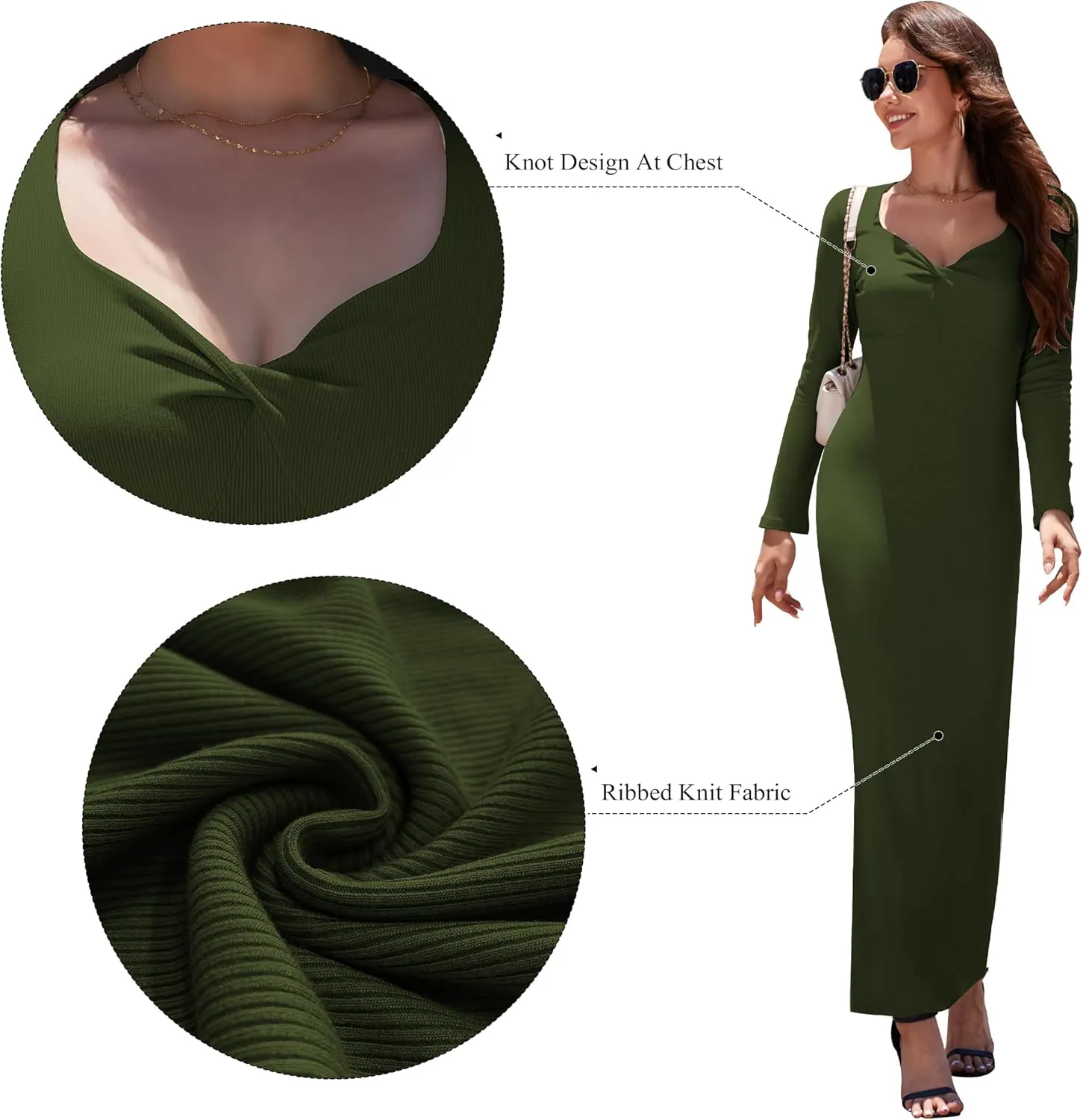 Women's Bodycon Maxi Dress Long Sleeve Ribbed Knit Twist Knot Front Dress Square Neck Elegant Formal Fall Dresses