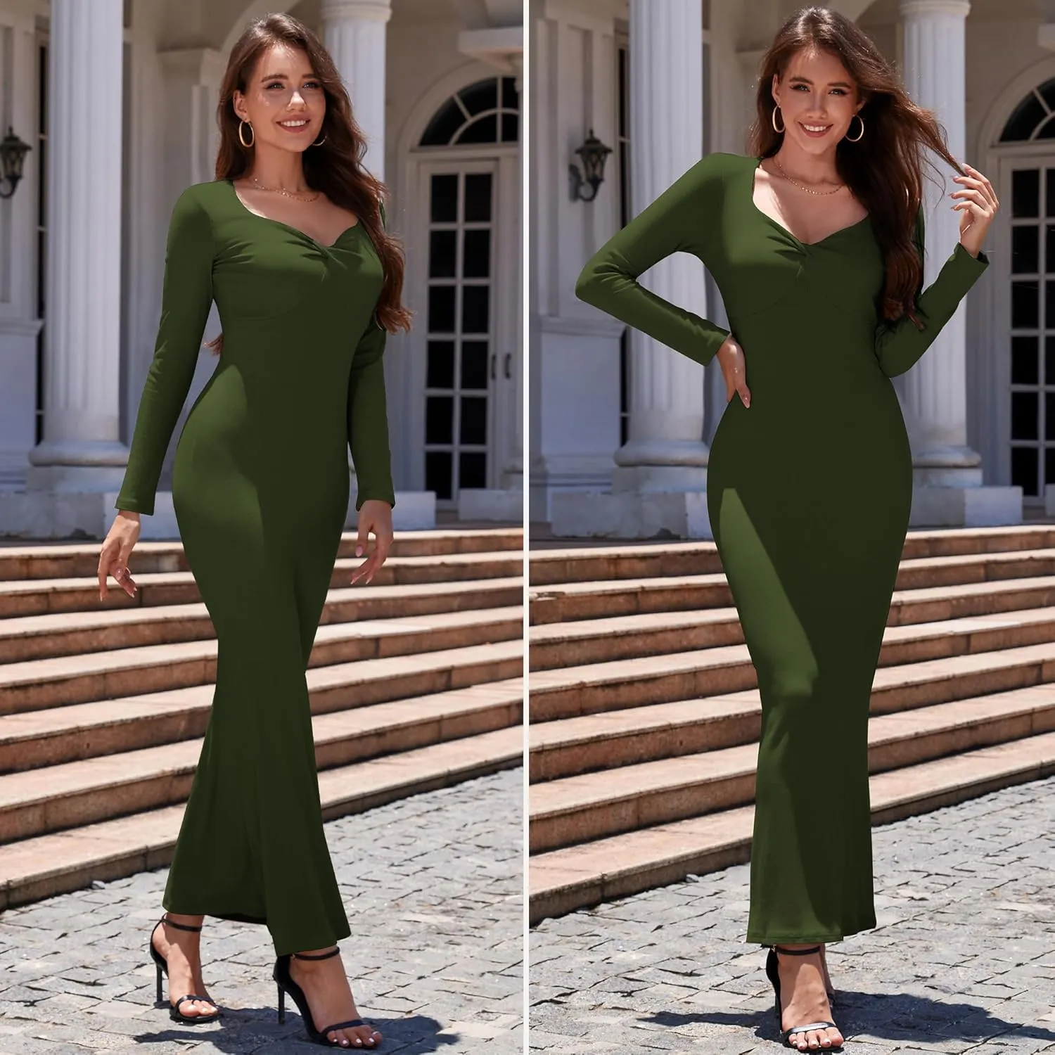 Women's Bodycon Maxi Dress Long Sleeve Ribbed Knit Twist Knot Front Dress Square Neck Elegant Formal Fall Dresses