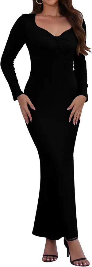 Women's Bodycon Maxi Dress Long Sleeve Ribbed Knit Twist Knot Front Dress Square Neck Elegant Formal Fall Dresses