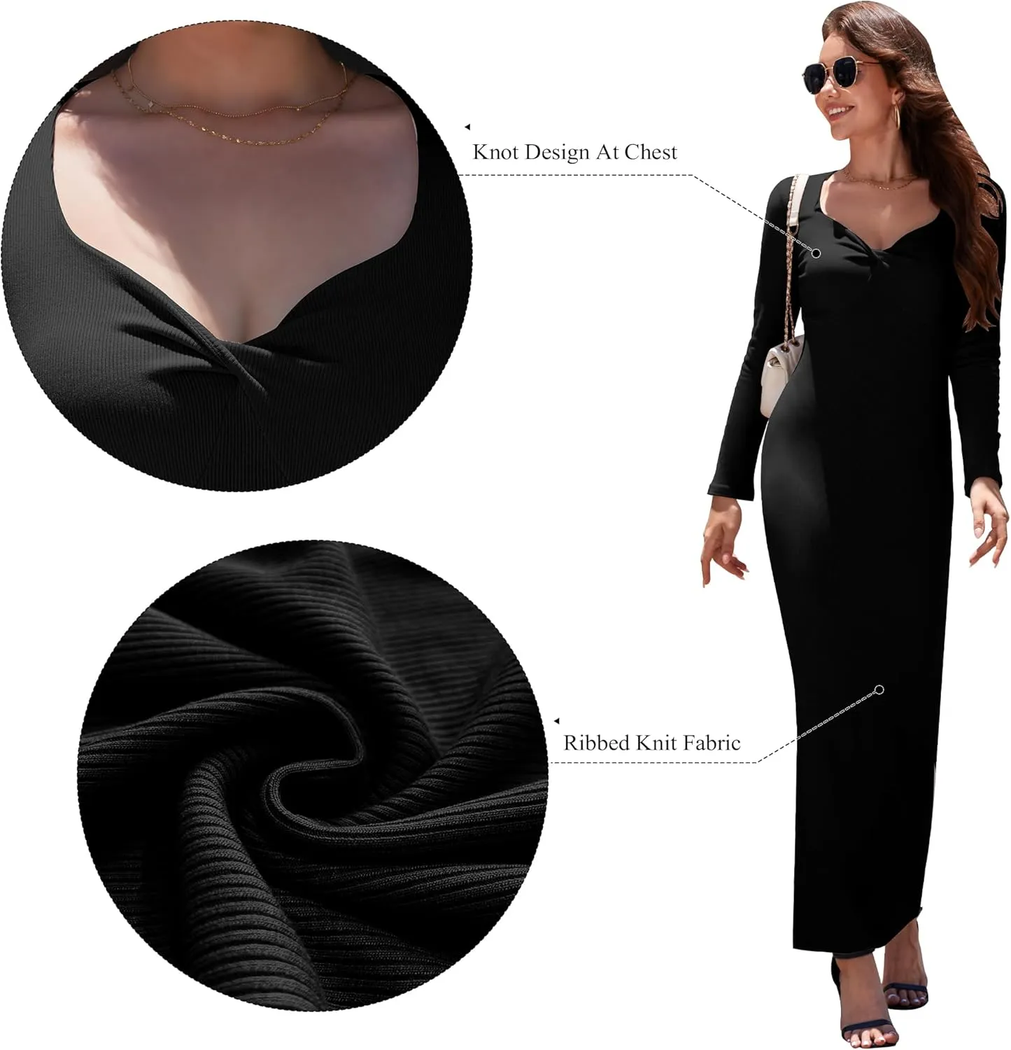 Women's Bodycon Maxi Dress Long Sleeve Ribbed Knit Twist Knot Front Dress Square Neck Elegant Formal Fall Dresses