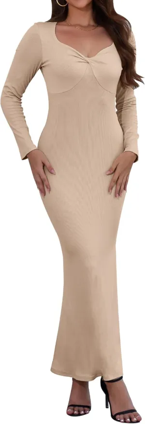 Women's Bodycon Maxi Dress Long Sleeve Ribbed Knit Twist Knot Front Dress Square Neck Elegant Formal Fall Dresses