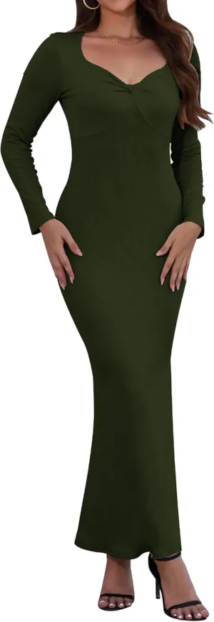 Women's Bodycon Maxi Dress Long Sleeve Ribbed Knit Twist Knot Front Dress Square Neck Elegant Formal Fall Dresses