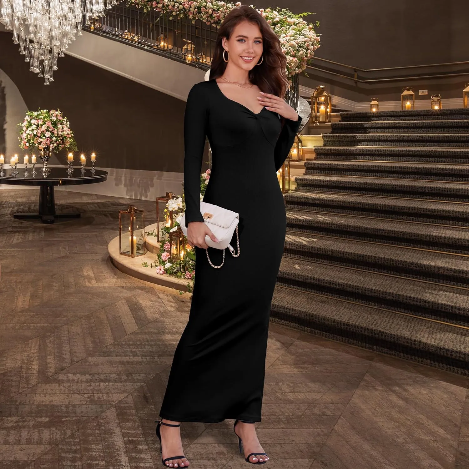 Women's Bodycon Maxi Dress Long Sleeve Ribbed Knit Twist Knot Front Dress Square Neck Elegant Formal Fall Dresses