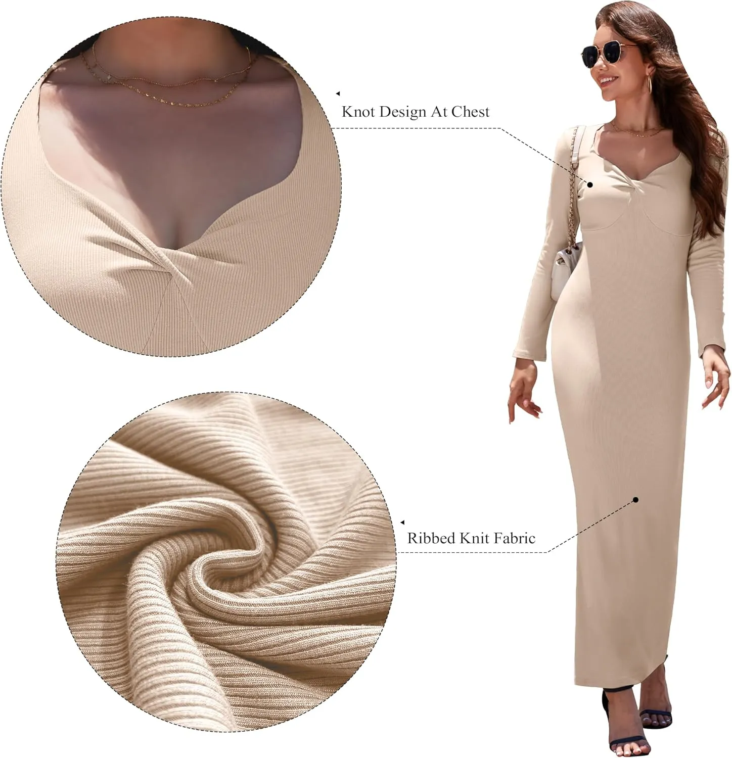 Women's Bodycon Maxi Dress Long Sleeve Ribbed Knit Twist Knot Front Dress Square Neck Elegant Formal Fall Dresses