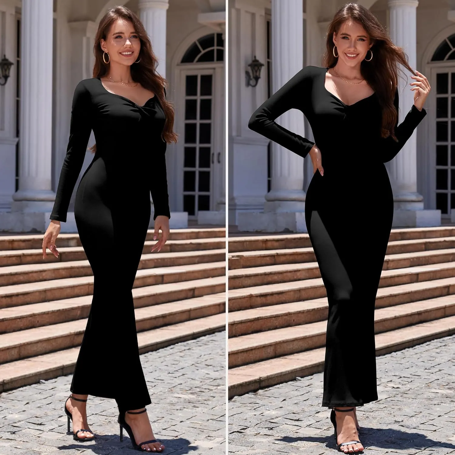 Women's Bodycon Maxi Dress Long Sleeve Ribbed Knit Twist Knot Front Dress Square Neck Elegant Formal Fall Dresses