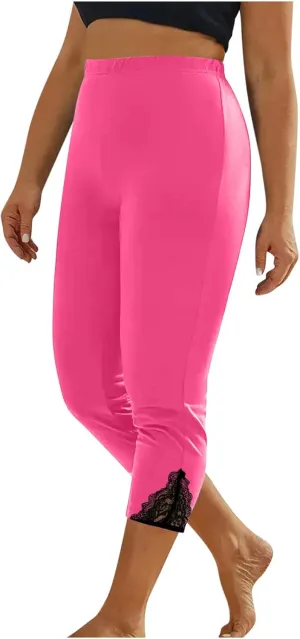 Women's Capri Summer Pants High Waisted Yoga Leggings Lace Trim Workout Pants Comfy Causal Pants Soft Gym Leggings