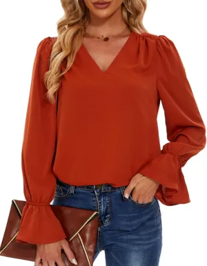 Women's Long Sleeve Shirts Ruffle Bubble Sleeve V Neck Tunic Tops Dressy Casual Loose Chiffon Blouses