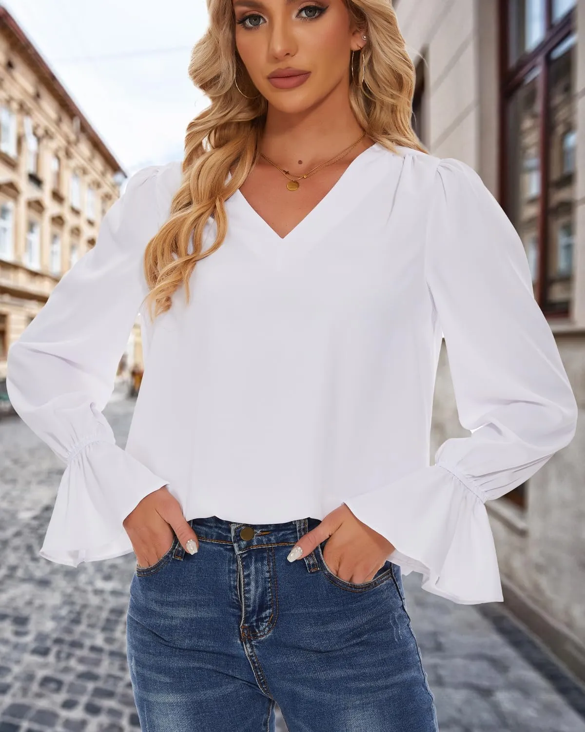 Women's Long Sleeve Shirts Ruffle Bubble Sleeve V Neck Tunic Tops Dressy Casual Loose Chiffon Blouses
