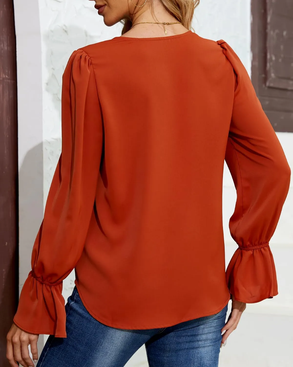 Women's Long Sleeve Shirts Ruffle Bubble Sleeve V Neck Tunic Tops Dressy Casual Loose Chiffon Blouses