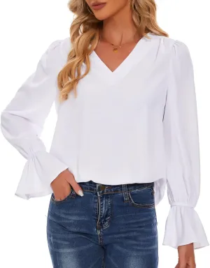 Women's Long Sleeve Shirts Ruffle Bubble Sleeve V Neck Tunic Tops Dressy Casual Loose Chiffon Blouses