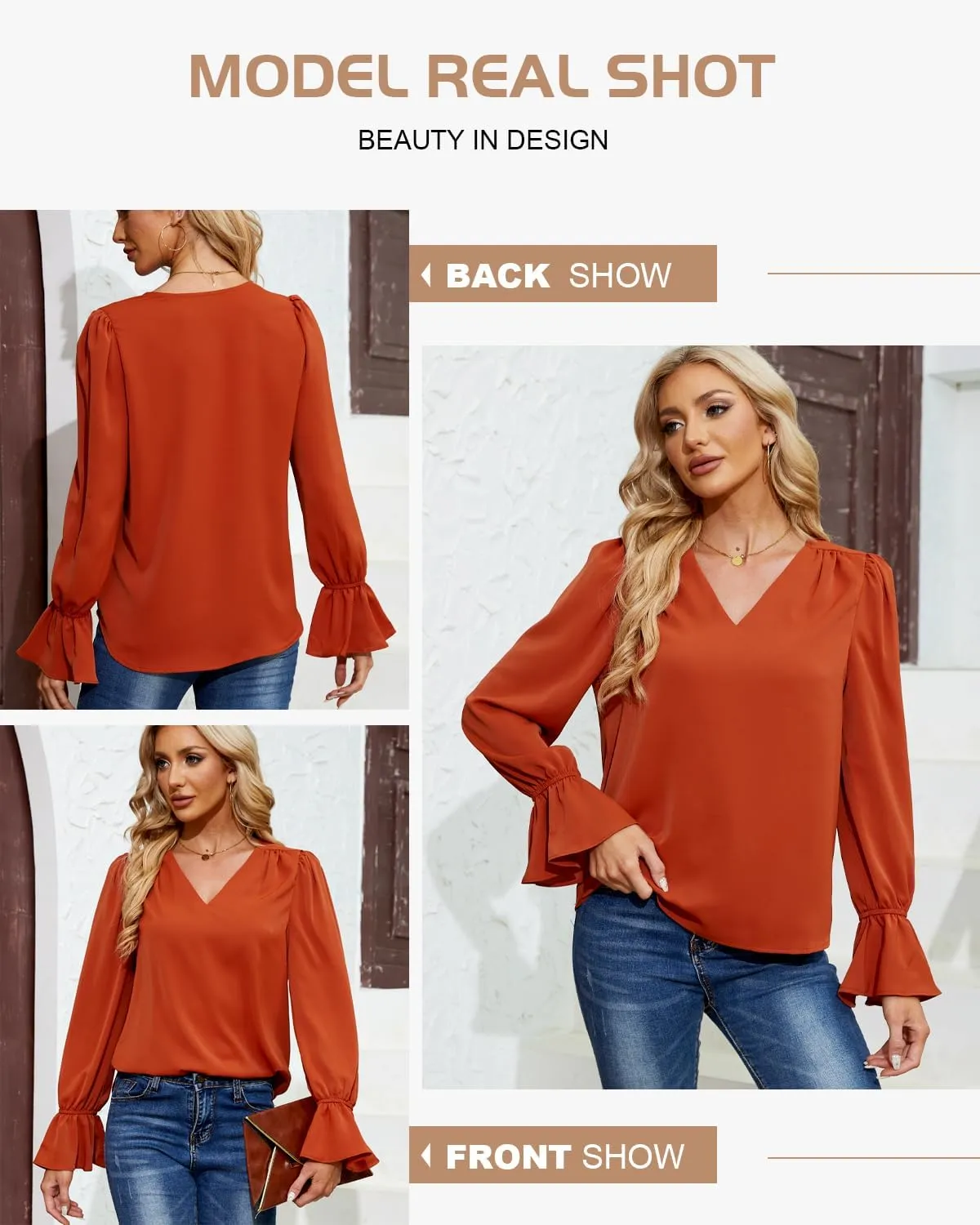 Women's Long Sleeve Shirts Ruffle Bubble Sleeve V Neck Tunic Tops Dressy Casual Loose Chiffon Blouses