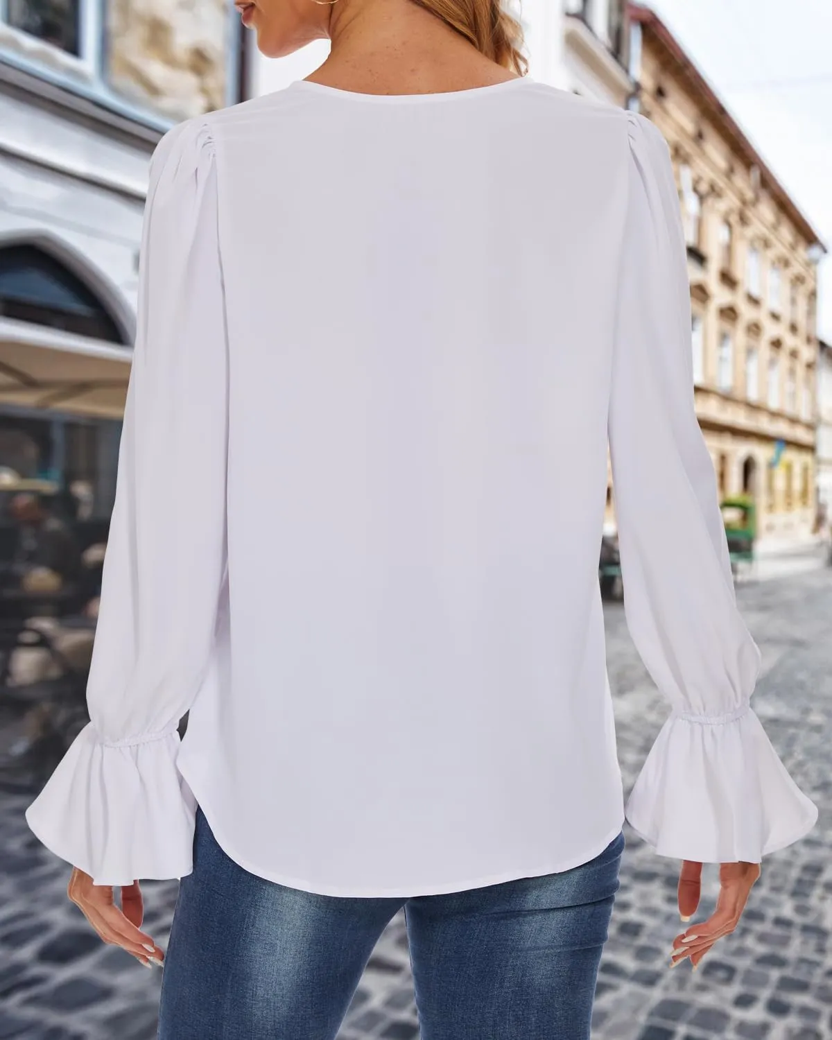 Women's Long Sleeve Shirts Ruffle Bubble Sleeve V Neck Tunic Tops Dressy Casual Loose Chiffon Blouses
