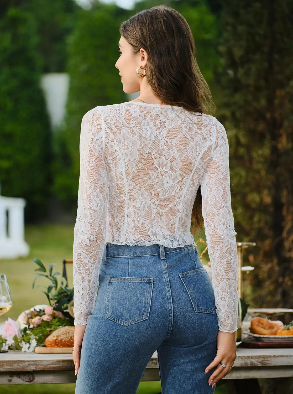 Women's Sexy Open Front Tie Long Sleeve Ruffle Trim Sheer Mesh Lace Crop Tops Blouses