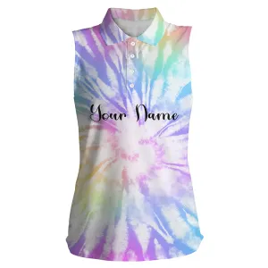Women's sleeveless polo shirts watercolor tie dye background custom name golf shirt