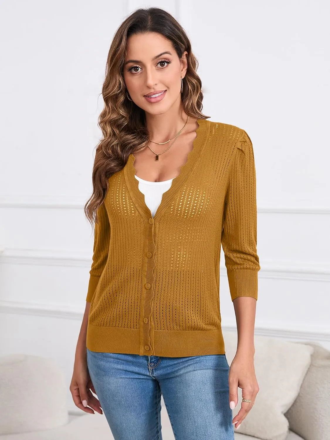 Women's Summer Cardigans Lightweight 3/4 Sleeve Button Front Crochet Sweater Shrugs