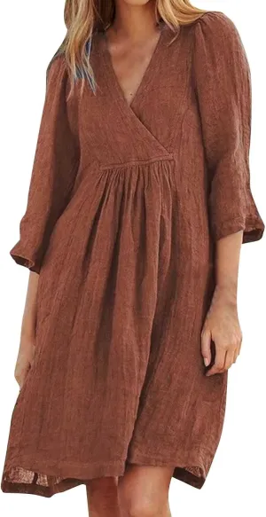 Womens Summer Cotton Linen A-line Dress Casual 3/4 Sleeve Knee-Length Ruched Dresses V-Neck Modest Dress for Women