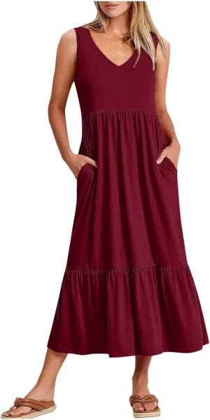 Women's Summer Maxi Casual Dresses 2024 Cold Shoulder V Neck Short Sleeve Dress