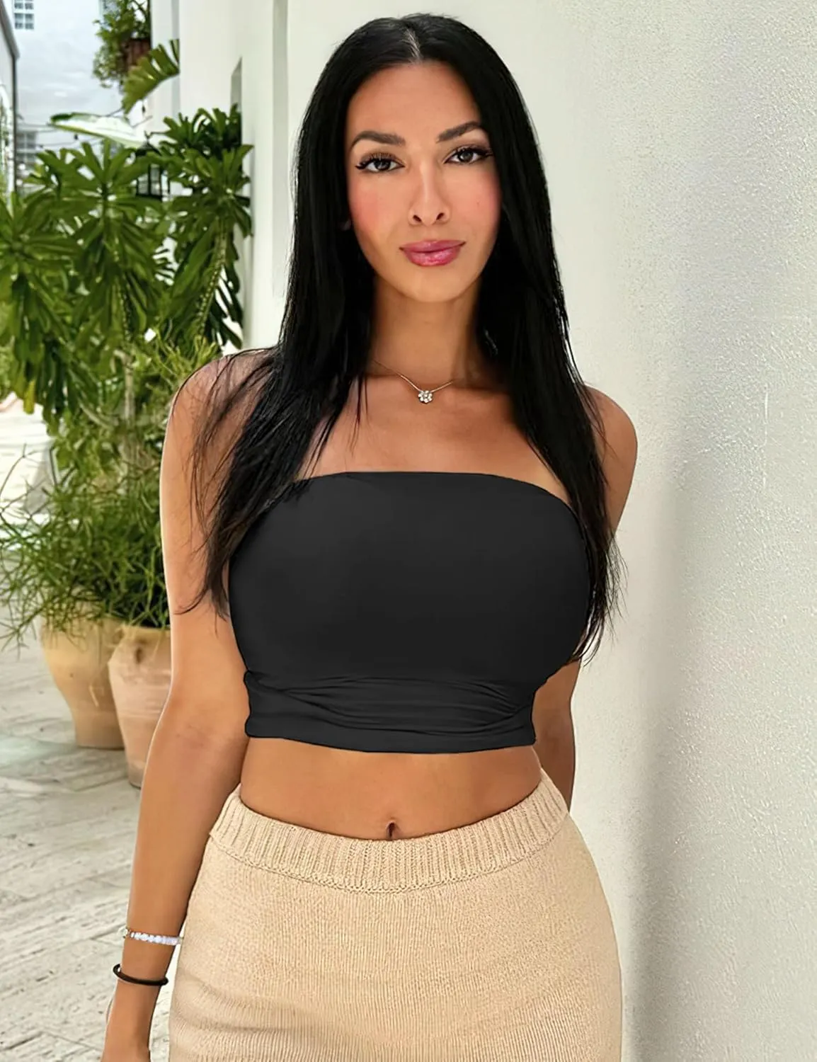 YEOREO Sophie Women Sexy Long Tube Tops Double Lined Basic Y2K Summer Cute Strapless Fitted Bandeau Going Out Crop Top Top