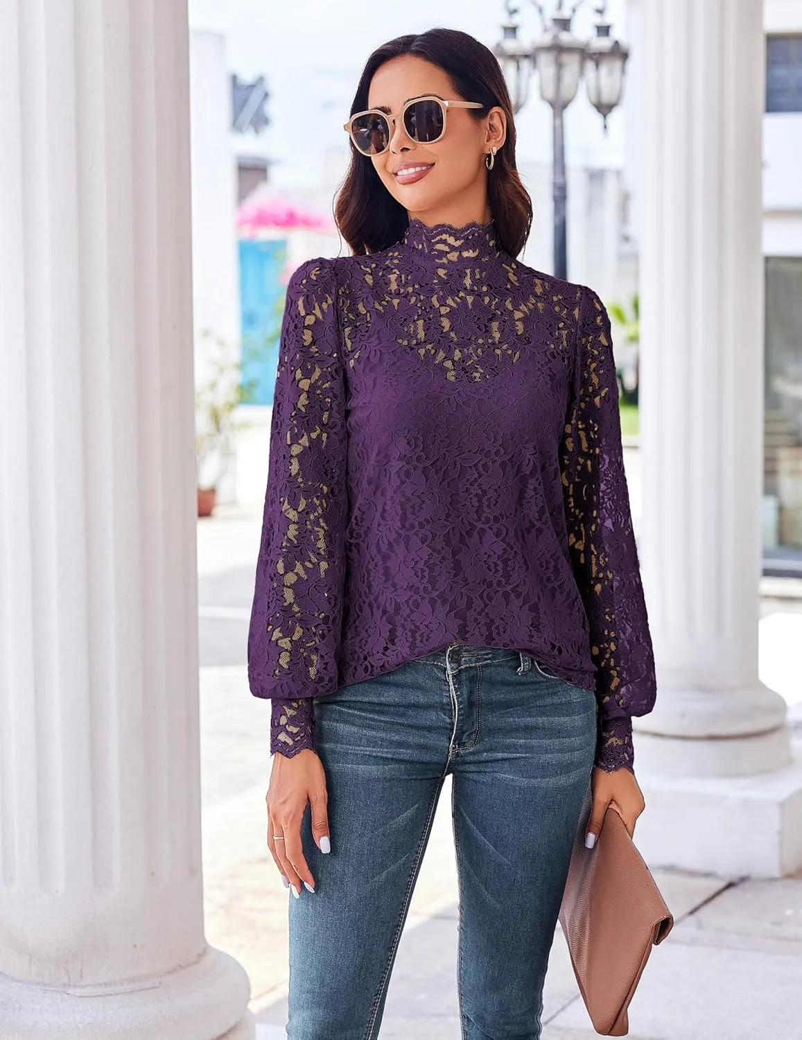Zeagoo Women Lace Tops Long Sleeves Mock Neck Casual Dressy Tops with Separable Camisole Sexy Blouses Shirts 2 PCS Set