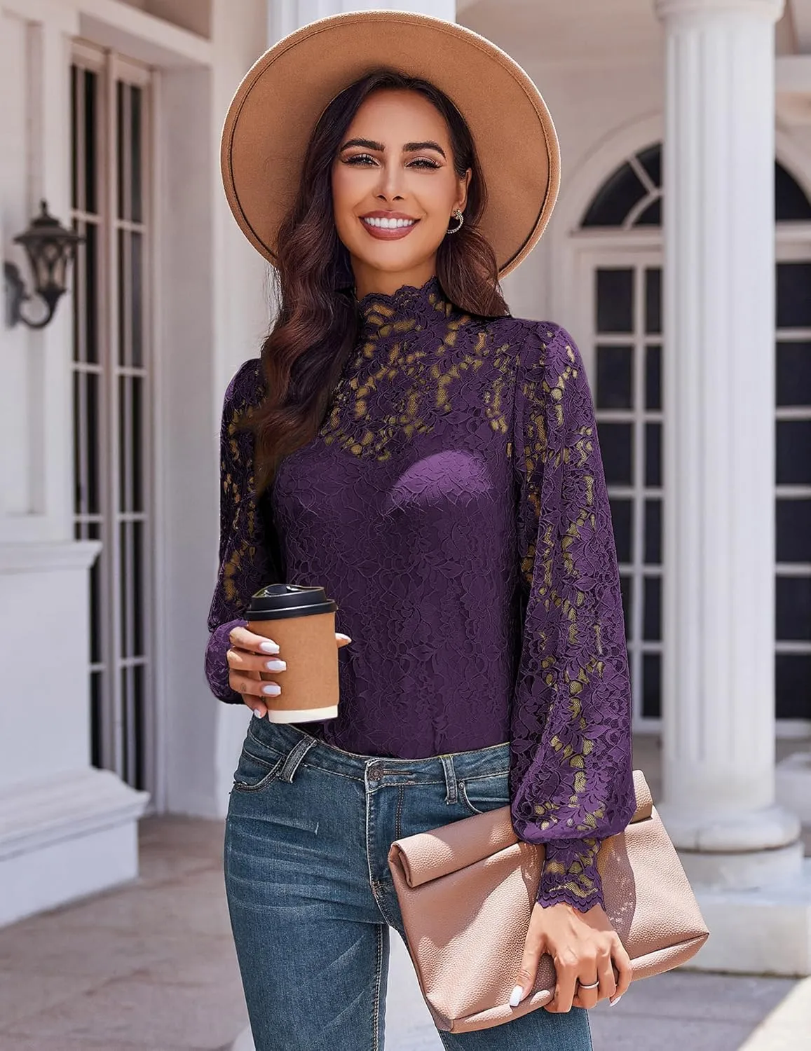 Zeagoo Women Lace Tops Long Sleeves Mock Neck Casual Dressy Tops with Separable Camisole Sexy Blouses Shirts 2 PCS Set