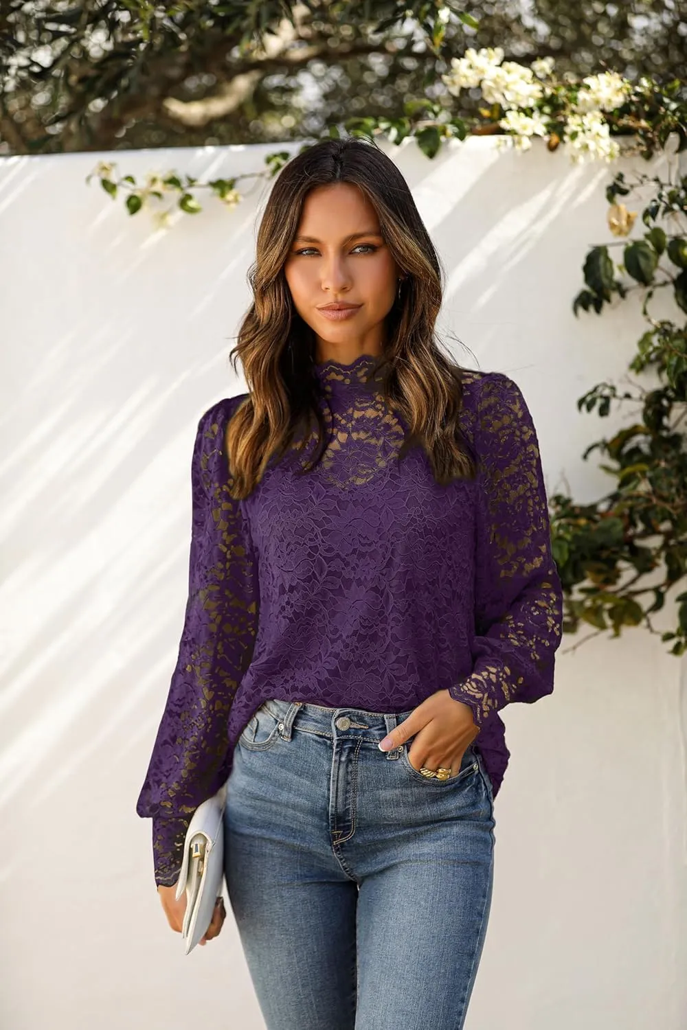 Zeagoo Women Lace Tops Long Sleeves Mock Neck Casual Dressy Tops with Separable Camisole Sexy Blouses Shirts 2 PCS Set
