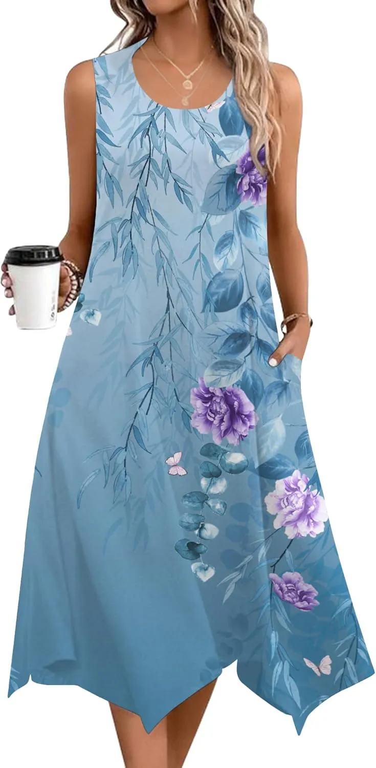 Zeagoo Womens Casual Dress for Summer Tank Dress Loose Flowy Beach Dress with Pockets Hankerchief Flare Midi Sundress 2025