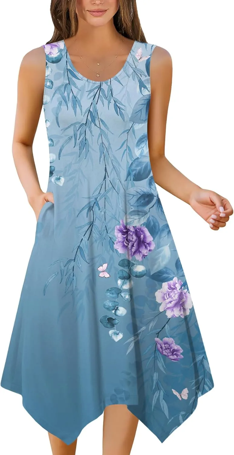 Zeagoo Womens Casual Dress for Summer Tank Dress Loose Flowy Beach Dress with Pockets Hankerchief Flare Midi Sundress 2025